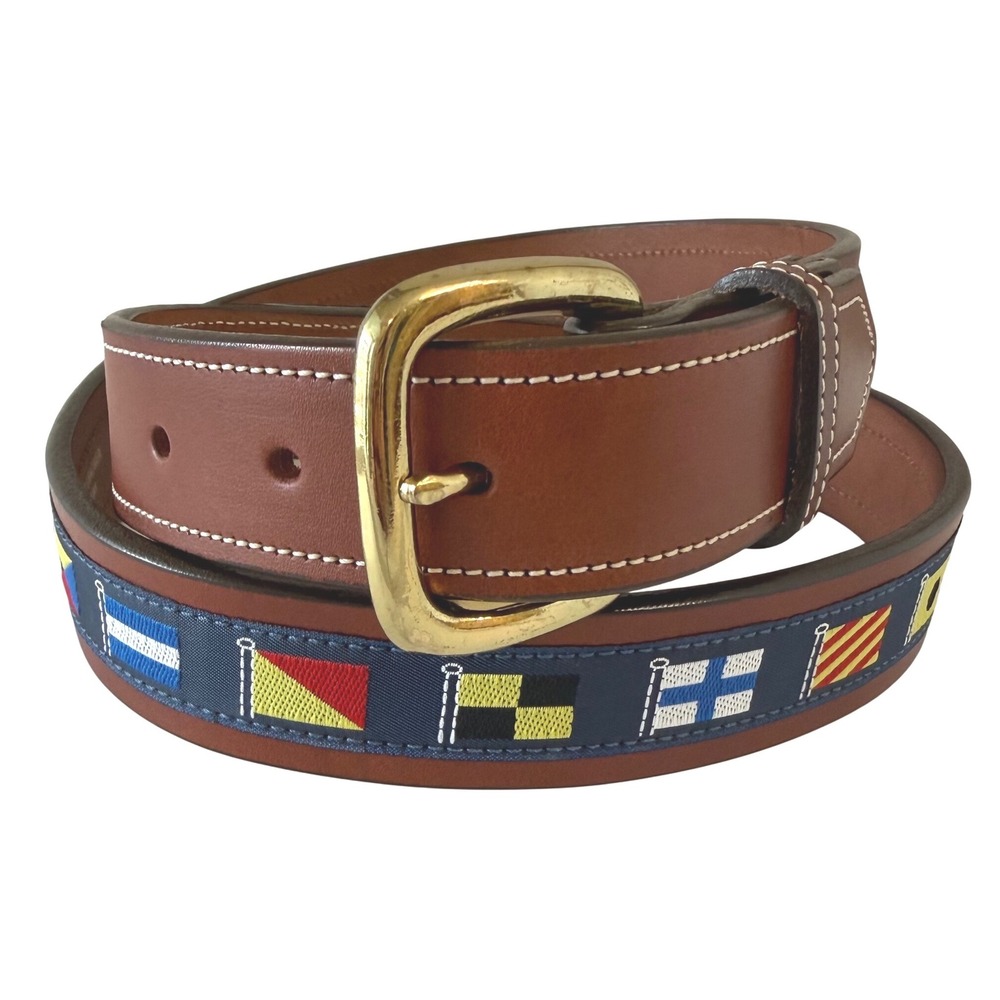 Tory Leather Mens Nautical Flag Belt 38 English Bridle Leather Brown USA 2531